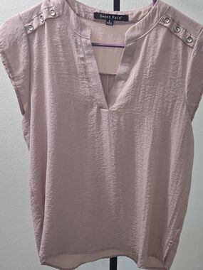 Sweet Rain Blush Pink Split V-Neck Cap Sleeve Blouse